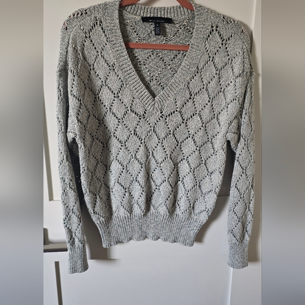 White House Black Market Light Gray V-Neck Open Knit Sweater